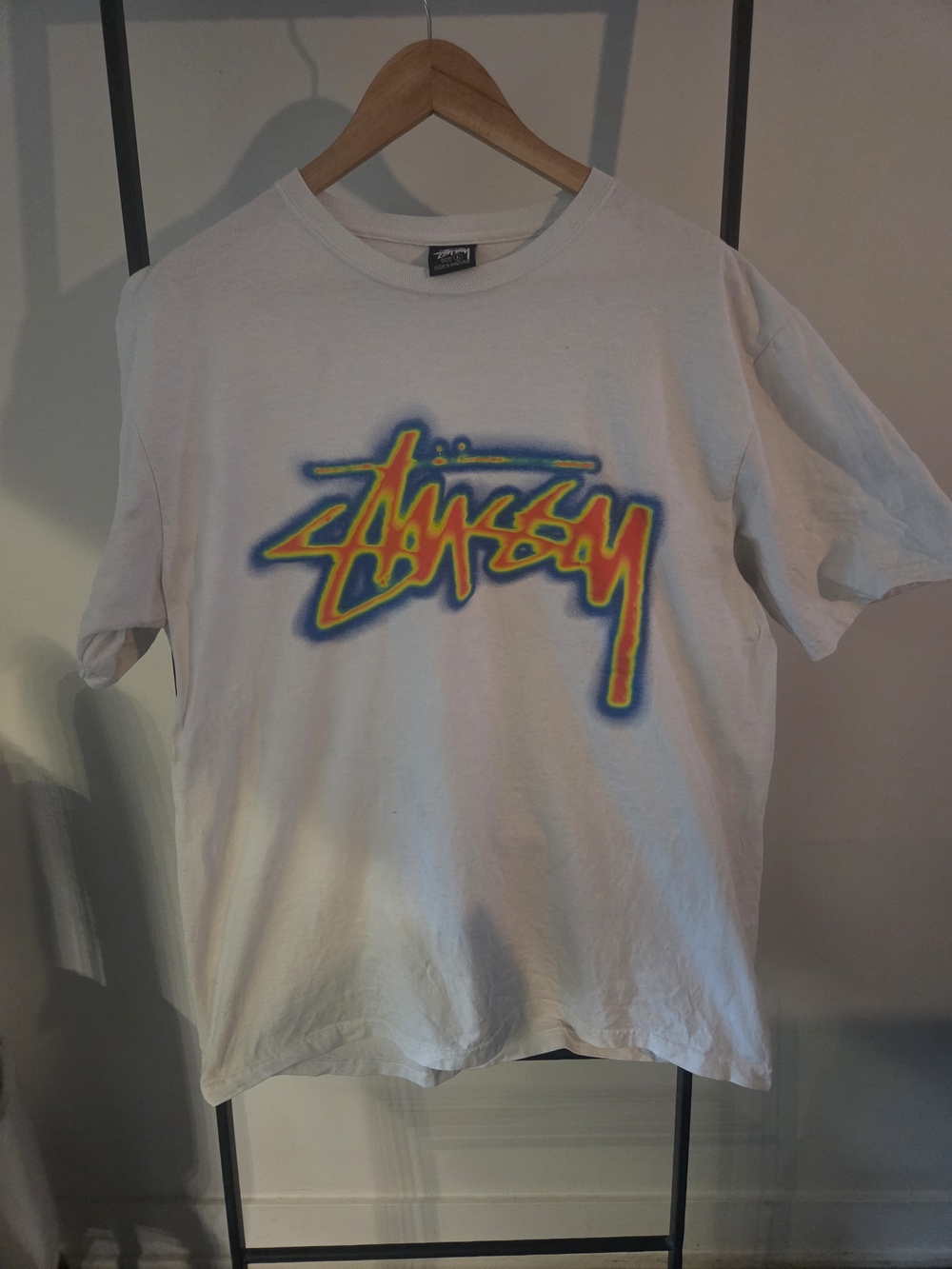 Stussy White Tee with Neon Multicolor Logo